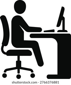 A person sitting at a desk with a computer and chair.