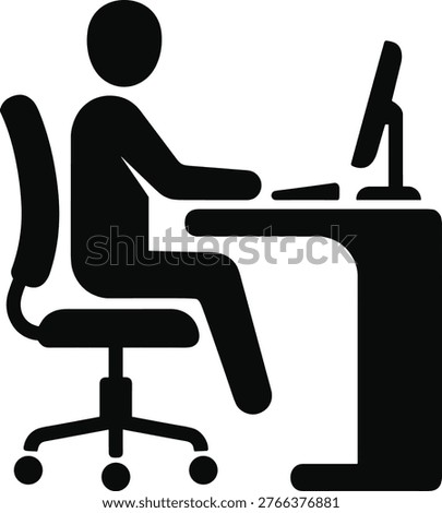 A person sitting at a desk with a computer and chair.