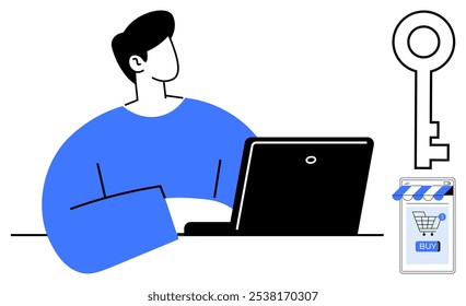 Person sitting at a desk with computer. Large key and small online store icon visible. Ideal for online shopping, e-commerce, security, digital marketing, and technology-related themes. Simplistic