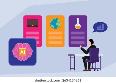 a person sitting at a desk, gesturing towards three distinct career path icons - the role of AI in navigating and understanding various professional fields vector illustration