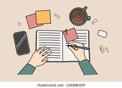 Person sitting at desk having coffee taking notes in notebook. Man writing in notepad making plans or schedule. Time organization. Vector illustration. 