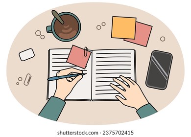 Person sitting at desk having coffee taking notes in notebook. Man writing in notepad making plans or schedule. Time organization. Vector illustration.