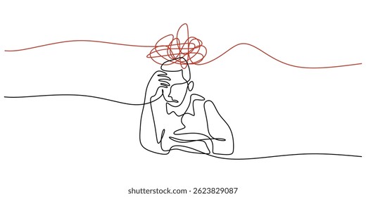 Pessoa sentada em uma mesa com a cabeça nas mãos em desenho de linha contínua. Conceito de fadiga mental, estresse no local de trabalho e sintomas de esgotamento. Desenhado à mão com ilustração vetorial.