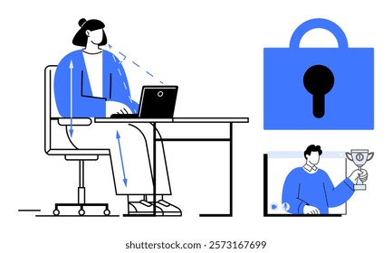 Person sitting at desk with laptop, a lock symbol, and an image of a person holding a trophy. Ideal for security, remote work, productivity, online safety, and achievement concepts. Minimalist vector