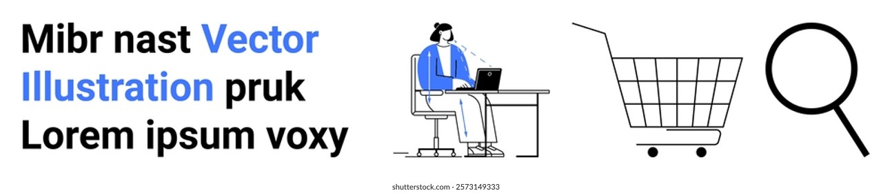 Person sitting at a desk with a laptop, a shopping cart, and a magnifying glass. Ideal for e-commerce, online shopping, marketing, digital business, and search optimization. Banner for landing page