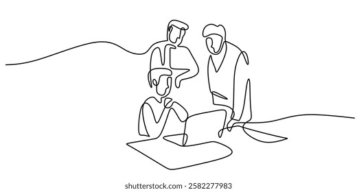 Person sitting at a desk with papers in continuous one line drawing. Symbolizes planning, administration, or office work. Vector illustration hand drawn.