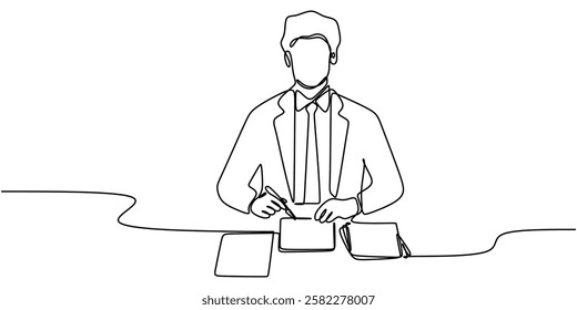 Person sitting at a desk with papers in continuous one line drawing. Symbolizes planning, administration, or office work. Vector illustration hand drawn.