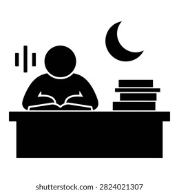 Person sitting at desk studying under moonlight with stack of books