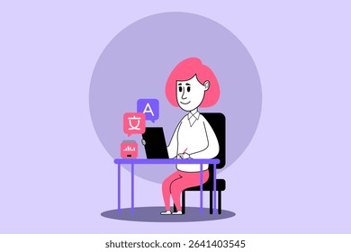 Person sitting at desk using laptop. Various educational icons related to language learning displayed next to them. Study and technology concept