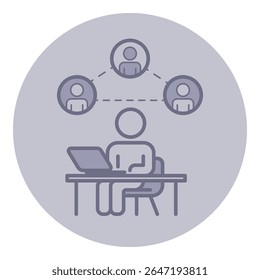Pessoa sentada na mesa usando o notebook para se conectar com outras pessoas on-line. Três ícones representando indivíduos ligados através de rede digital. Abordagem moderna do conceito de comunicação