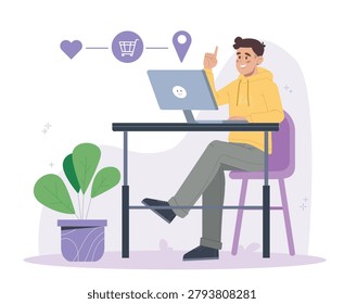 A person sitting at a desk using a laptop with shopping icons above, in a flat style on a light background, showing an e-commerce concept. Vector illustration