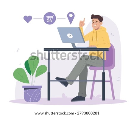 A person sitting at a desk using a laptop with shopping icons above, in a flat style on a light background, showing an e-commerce concept. Vector illustration