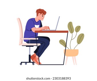 Persona sentada en el escritorio, trabajando en un portátil. Triste hombre serio en la silla con la espalda en la mesa, escribiendo en el ordenador portátil en el trabajo. Ilustración vectorial gráfica plana aislada en fondo blanco