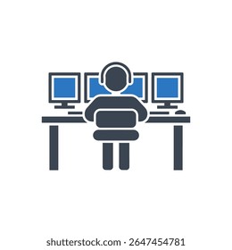Persona sentada en el escritorio que trabaja con el icono de múltiples monitores