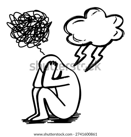 Person sitting in despair with tangled thoughts and storm cloud concept illustration.