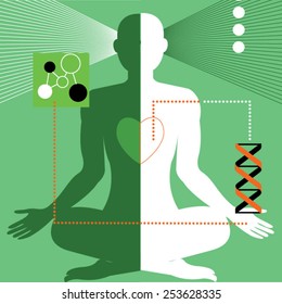 Person sitting down with molecules and DNA connected to heart