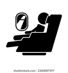 Persona sentada en un icono de silueta de asiento de avión de primera clase. Vector.