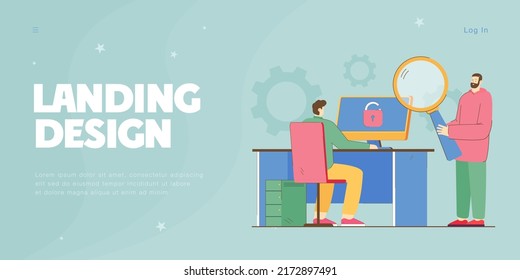 Persona sentada frente al ordenador con bloqueo en pantalla y hombre con amplificador. Hombre obteniendo información personal de la ilustración vectorial plana. Concepto de ciberseguridad para banner, diseño de sitios web o página web de aterrizaje