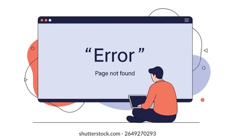 A Person Sitting in Front of a Computer Screen Displaying an Error Message Page Not Found with Abstract Shapes in the Background