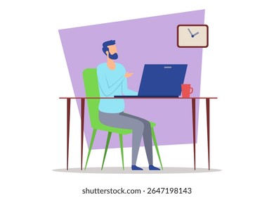 Pessoa sentada em cadeira verde na escrivaninha, envolvida com laptop com relógio acima da escrivaninha, e xícara de café ao lado do laptop, indicando ambiente de trabalho