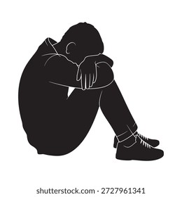 eine Person, die mit dem Kopf nach unten sitzt und Traurigkeit in einer düsteren Silhouette zeigt
