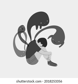 Person sitting with his inner demons. Mental disorder concept. Illness, phobia, impairment, psychiatric or psychological problem. Cartoon style. Flat design. Hand drawn Vector illustration