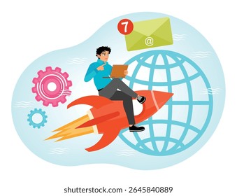 Uma pessoa sentada e segurando um laptop em um foguete voando para fazer marketing por e-mail. Simboliza inovação, promoção e proeza. Fale conosco conceito.