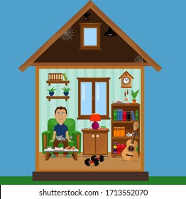 A person is sitting at home in a cozy room. Vector illustration on the theme of home entertainment. Stay home.