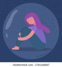 Person sitting inside bubble on blue background. Cartoon vector illustration. Social distance concept.