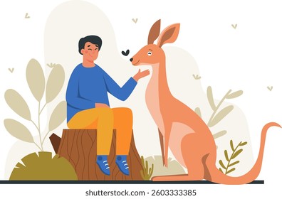 A person sitting and interacting with a kangaroo