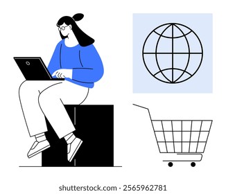 Person sitting with a laptop, adjacent to a globe symbol and shopping cart. Ideal for online shopping, e-commerce, global connectivity, technology, digital marketing. Modern, minimalist style