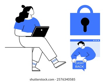 Person sitting with a laptop. Blue lock icon and figure holding cash back sign. Ideal for online security, digital transactions, remote work, e-commerce, financial services. Modern, minimalist, flat