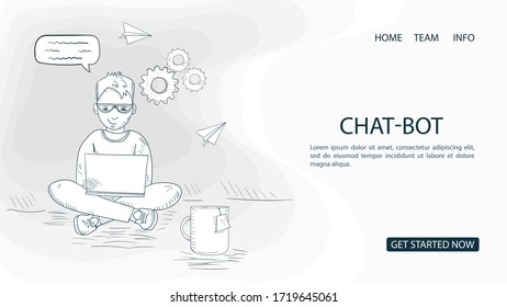 a person is sitting with a laptop, and communicating in an online chat, for a Website Or Mobile Applications, the concept of Artificial Intelligence, contour Vector Illustration in the Doodle style