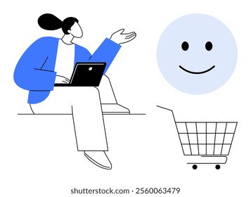 Person sitting with laptop gesturing towards a smiling face and shopping cart. Ideal for e-commerce, online shopping, customer satisfaction, digital retail, and user experience themes. Simple vector