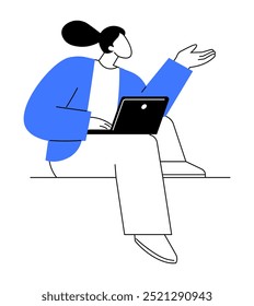 Person sitting with a laptop, hand raised as if speaking. Stylish and simple line drawing with blue accents. Ideal for remote work, communication, online meetings, productivity, and technology