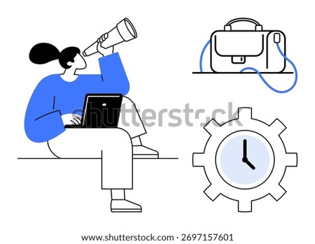 Person sitting with a laptop looking through a telescope, gear clock symbolizing time, and a briefcase. Ideal for business planning, time management, career growth, goal setting, strategic vision