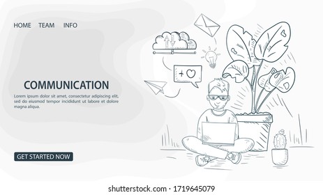 a person is sitting with a laptop on the floor with flowers, and chatting, For a Website Or Mobile Apps, the concept of Artificial Intelligence contour, Vector Illustration in the style of Doodle