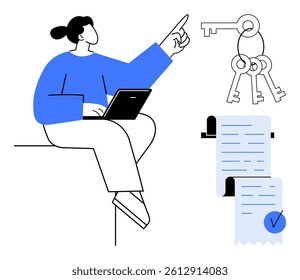 Person sitting with laptop, pointing at keys and a document. Ideal for technology, security, decision-making, documentation, productivity. Simple modern style, with black, white, blue colours