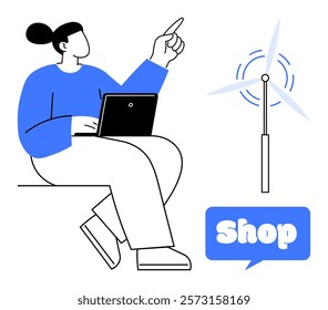 Person sitting with a laptop pointing upward. Wind turbine and a Shop callout are visible. Ideal for eco-friendly shopping, technology, e-commerce, online business, and sustainable energy themes