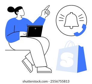 Person sitting with a laptop pointing upwards. Includes bell notification and shopping bag. Ideal for online shopping, notifications, e-commerce, remote work, technology. Minimalist style