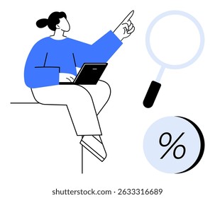 Pessoa sentada com o laptop, apontando para cima, com uma lupa e um sinal de porcentagem por perto. Ideal para análise de negócios, pesquisa, pesquisa de dados, auditorias financeiras, fins educacionais, on-line