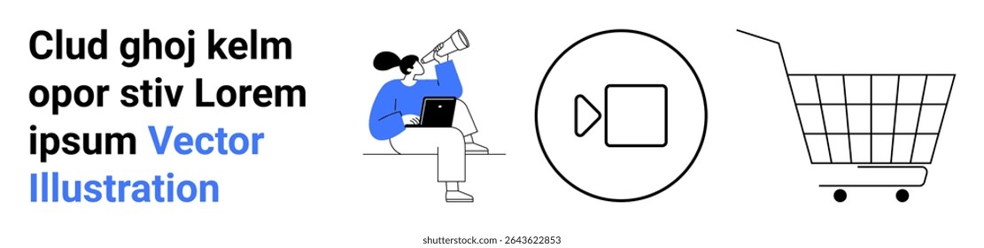 Person sitting with laptop and telescope, viewing. Round video play button outline and shopping cart outline. Ideal for online shopping, e-commerce, multimedia presentations, marketing, technology
