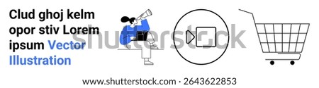 Person sitting with laptop and telescope, viewing. Round video play button outline and shopping cart outline. Ideal for online shopping, e-commerce, multimedia presentations, marketing, technology