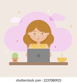The person sitting at a laptop. Vector illustration.