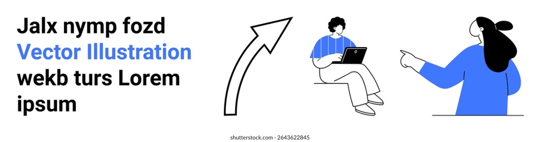 Person sitting with a laptop, woman pointing, curved arrow, and creative text arrangement. Ideal for digital presentations, educational content, marketing materials, startups, web design, social