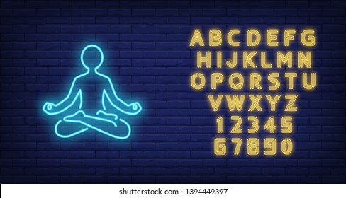 Person sitting in lotus pose and meditating neon sign. Harmony and meditation. Advertisement design. Night bright neon sign, colorful billboard, light banner. Vector illustration in neon style.