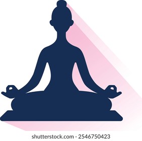 A person is sitting in a lotus position, practicing yoga. The image is a simple schematic silhouette with a flat vector illustration style. The woman is sitting on a mat with their legs crossed