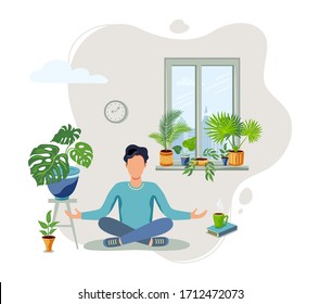 Person is sitting in a meditative pose at green home near the window. Home gardening, urban jungle, house plant concept. Balanced and healthy lifestyle. Flat cartoon style design vector illustration.