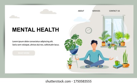 Person is sitting in a meditative pose at green home near the window. Balanced and healthy lifestyle. Home gardening, urban jungle, house plant concept. Flat cartoon style design vector illustration.