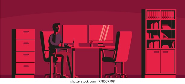 A Person Sitting At The Office Table. Late Work Flat Illustration. High Contrast Office Workplace Illustration.